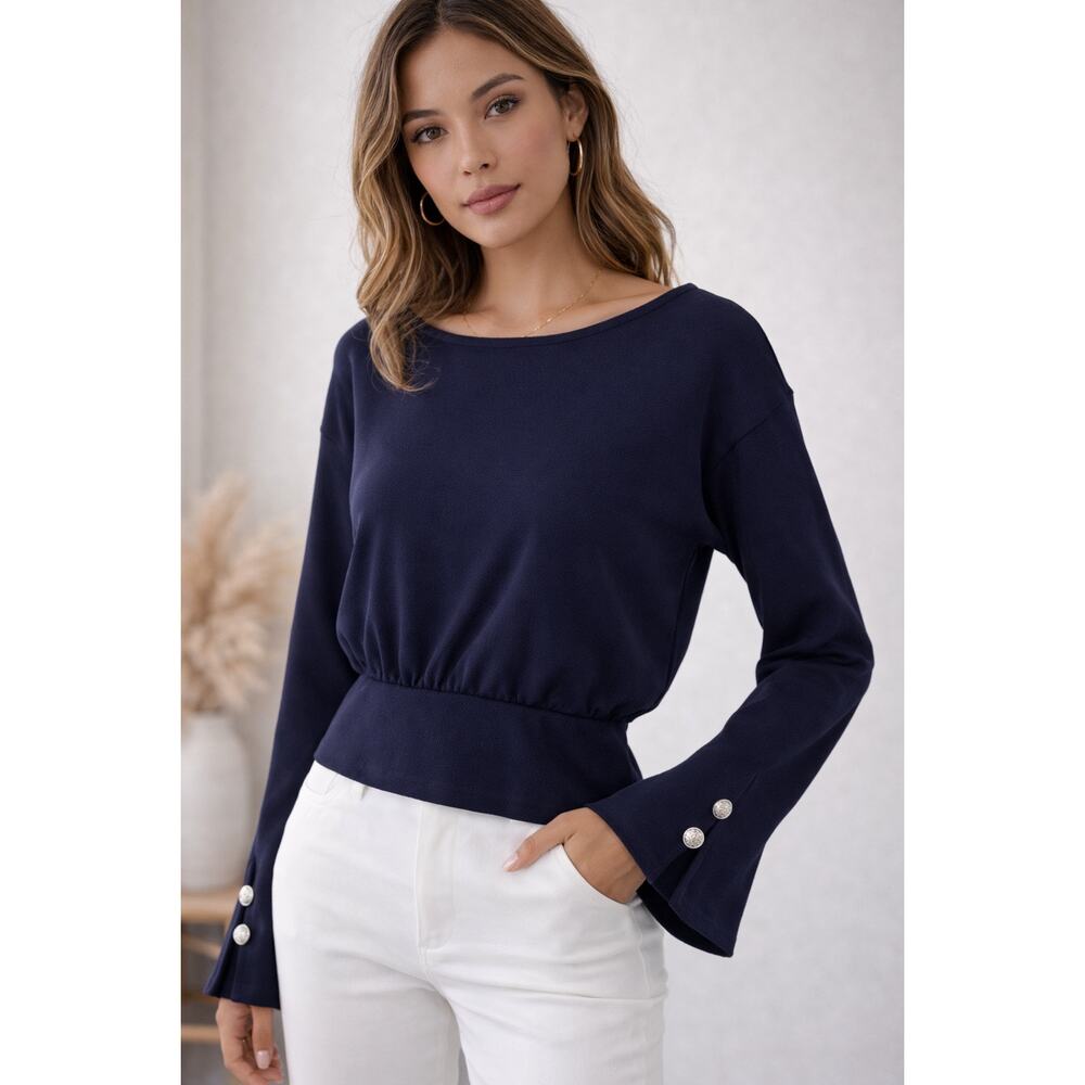 Commense Navy Stretch Knit Peplum Top With Button Cuffs Large